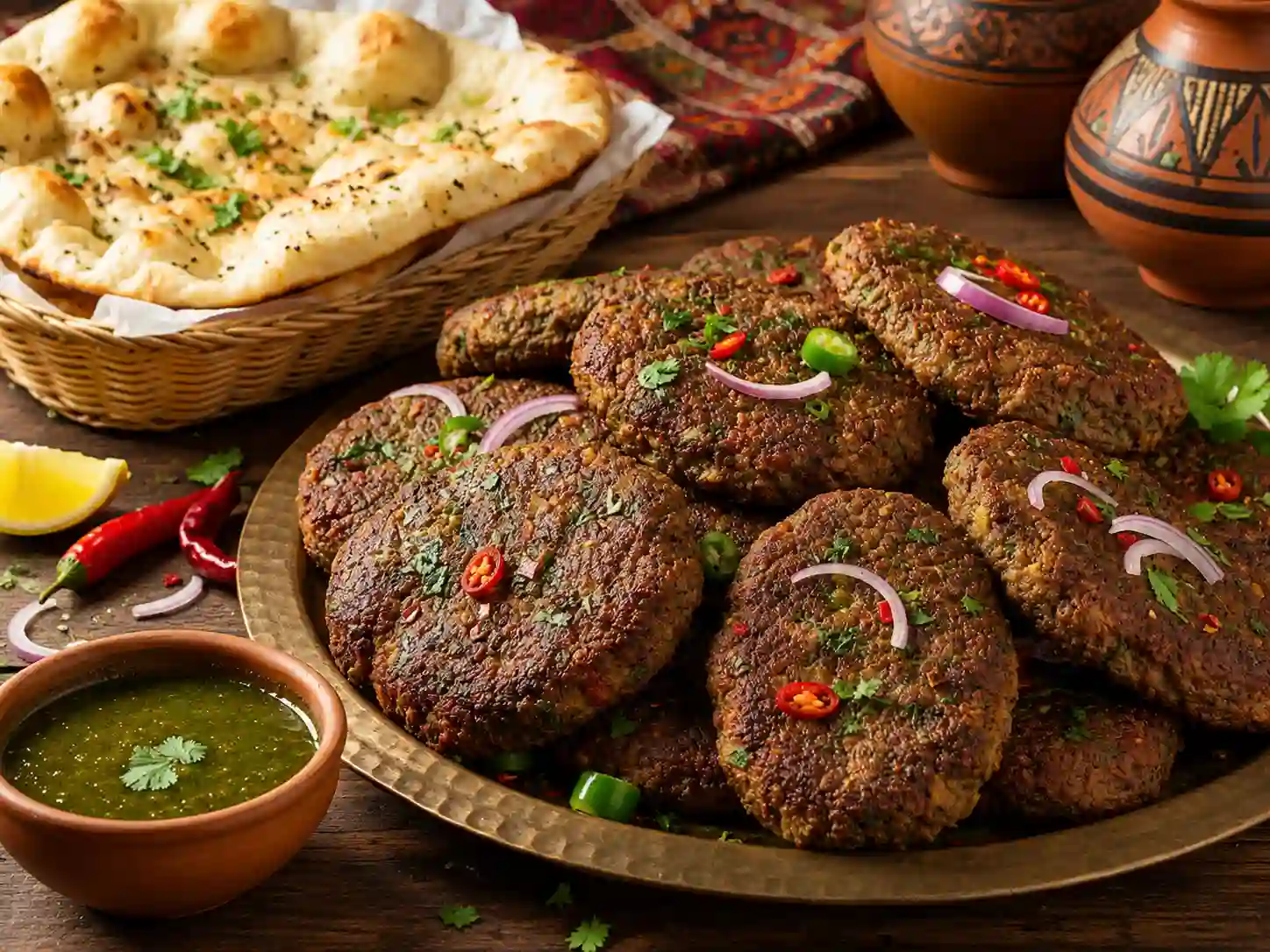 Chapli kebab served with traditional accompaniments