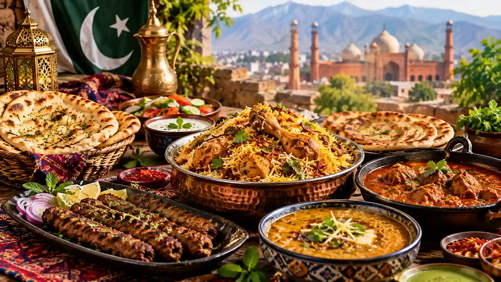 Traditional Pakistani dishes arranged for a shared meal